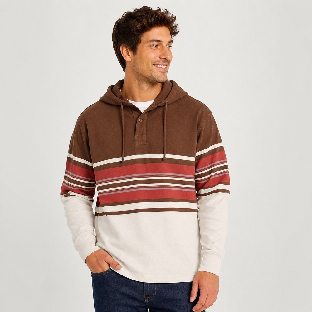 Old Navy Gorpcore 70s Retro Mens Brown Striped Henley Pullover Hoodie Sweatshirt